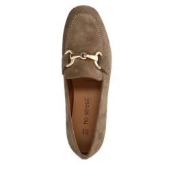 No Stress Taupe suède loafers met goudkleurig detail^DAMES Loafers