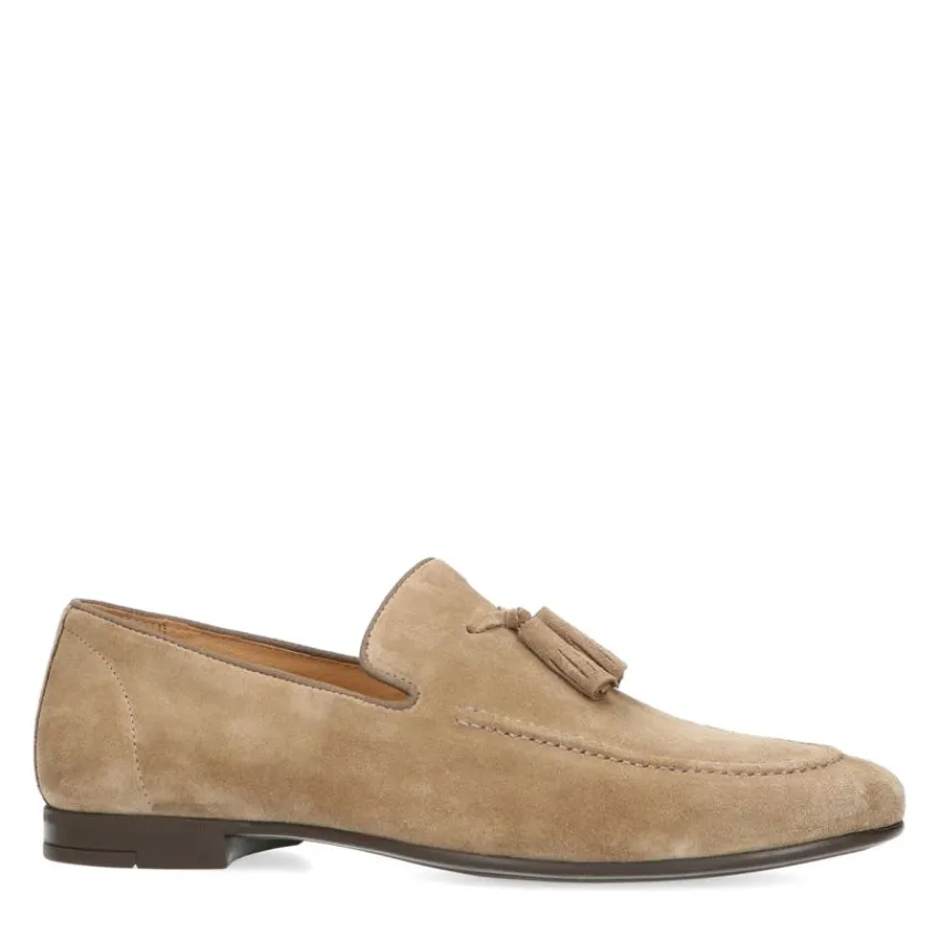 Manfield Taupe suède loafers met kwastjes^Heren Loafers