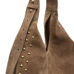 Manfield Taupe suède schoudertas met studs^ Schoudertassen