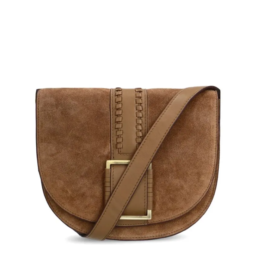 Manfield Taupe suède schoudertas met gesp^ Schoudertassen