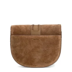 Manfield Taupe suède schoudertas met gesp^ Schoudertassen