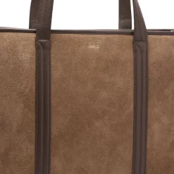 Manfield Taupe suède shopper met leren details^ Shoppers