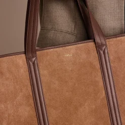 Manfield Taupe suède shopper met leren details^ Shoppers
