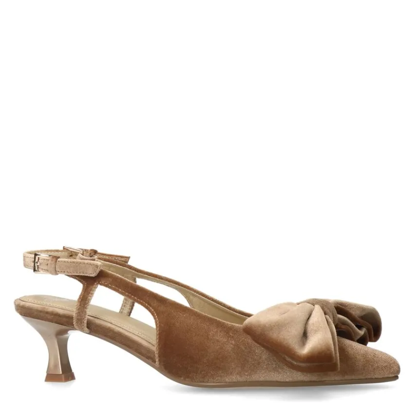 Manfield Taupe velours slingbacks met strik^DAMES Pumps|Slingbacks