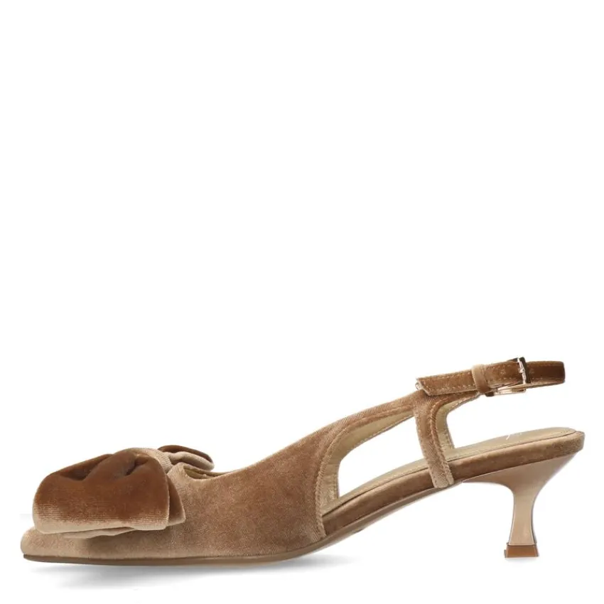 Manfield Taupe velours slingbacks met strik^DAMES Pumps|Slingbacks