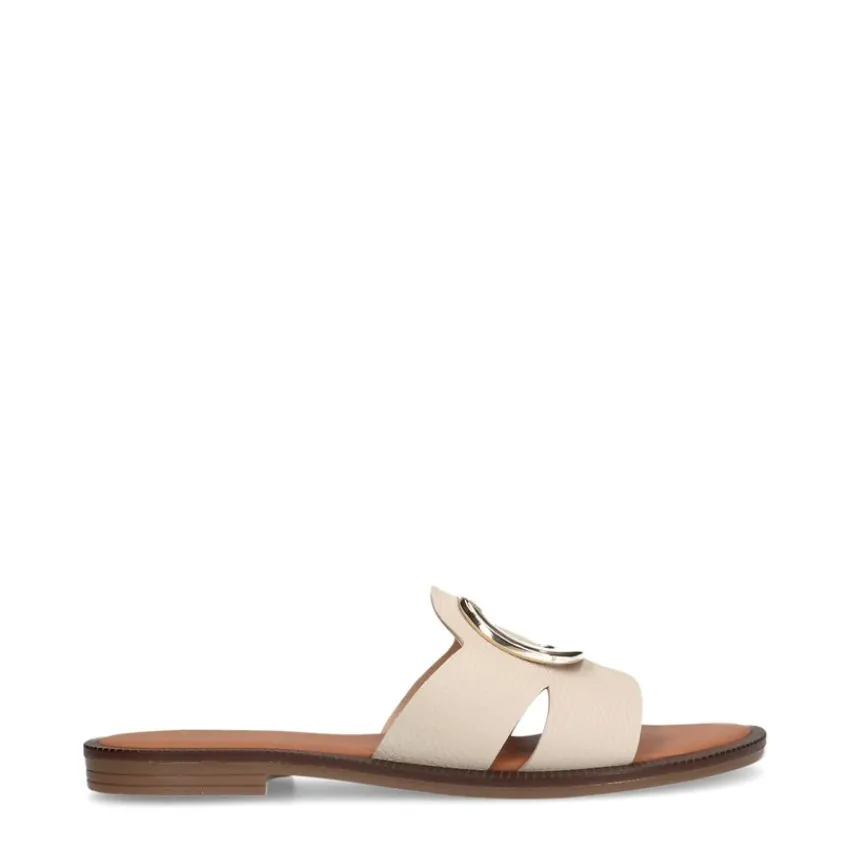 Manfield Witte leren slippers met chain^DAMES Slippers