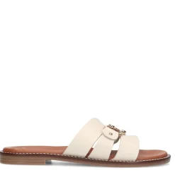 Manfield Witte leren slippers met goudkleurig bitje^DAMES Slippers