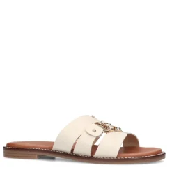 Manfield Witte leren slippers met goudkleurig bitje^DAMES Slippers