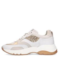 Manfield Witte leren sneaker met gouden glitter^DAMES Sneakers