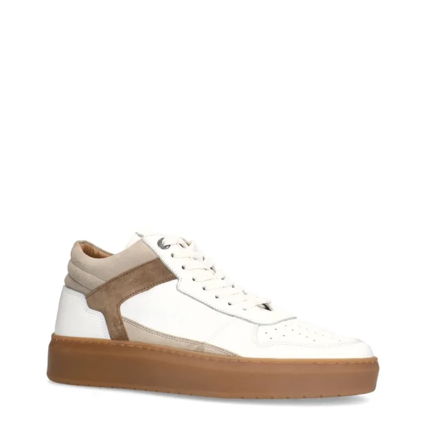 Manfield Witte leren sneakers met bruine suède details^Heren Sneakers