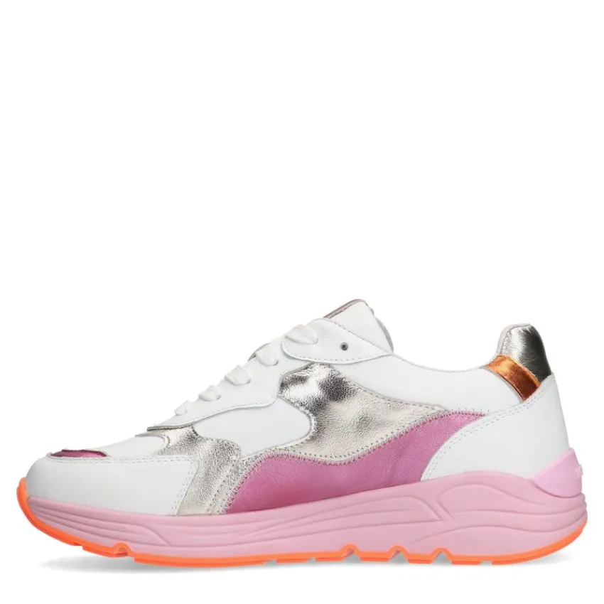 Manfield Witte leren sneakers met roze en metallic details^DAMES Sneakers