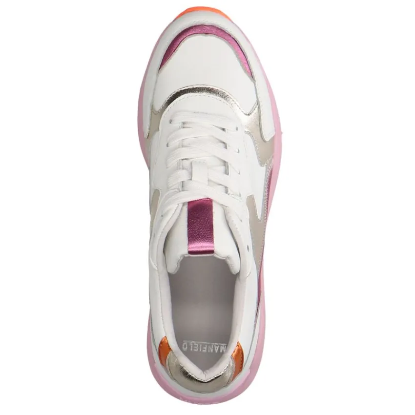 Manfield Witte leren sneakers met roze en metallic details^DAMES Sneakers