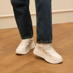 Manfield Witte leren sneakers met denim details^DAMES Sneakers