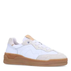 Manfield Witte leren sneakers met beige suéde details^DAMES Sneakers