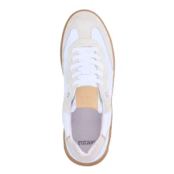 Manfield Witte leren sneakers met beige suéde details^DAMES Sneakers