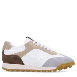Manfield Witte leren sneakers met taupe suède details^DAMES Sneakers