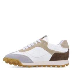 Manfield Witte leren sneakers met taupe suède details^DAMES Sneakers