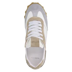 Manfield Witte leren sneakers met taupe suède details^DAMES Sneakers
