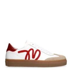 Manfield Witte leren sneakers met rode details^DAMES Sneakers