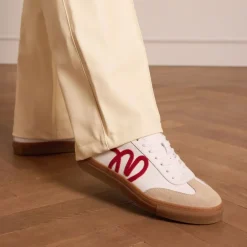 Manfield Witte leren sneakers met rode details^DAMES Sneakers