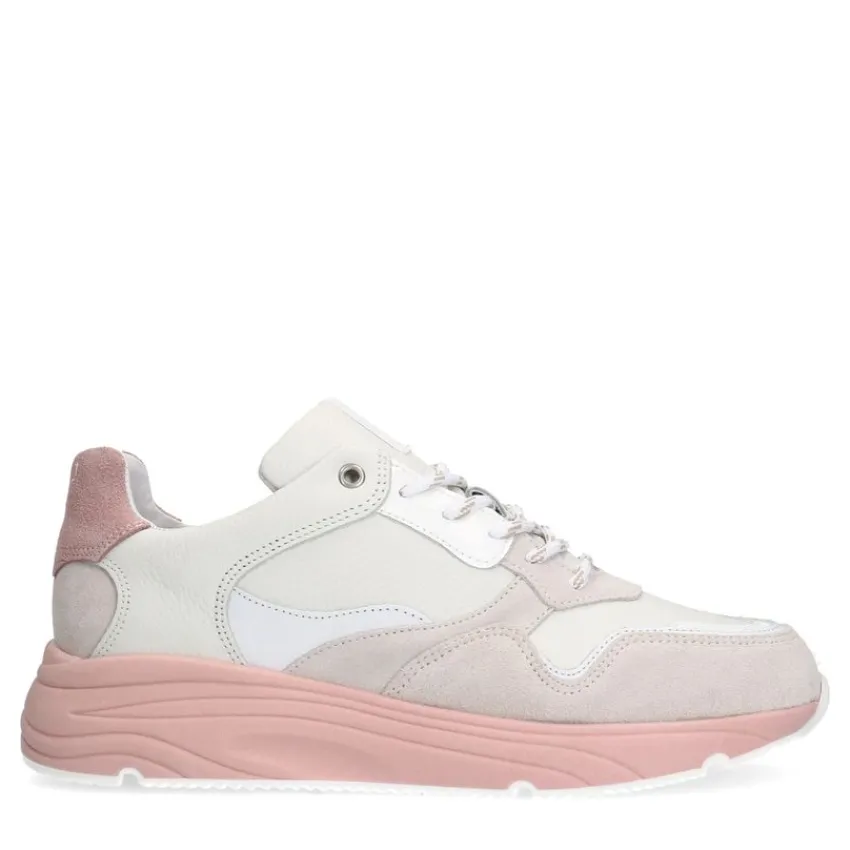 Manfield Witte leren sneakers met roze zool^DAMES Sneakers