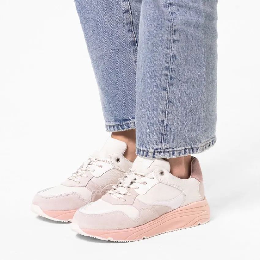 Manfield Witte leren sneakers met roze zool^DAMES Sneakers