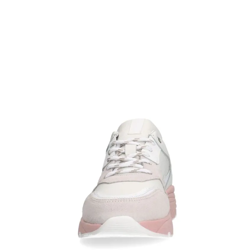 Manfield Witte leren sneakers met roze zool^DAMES Sneakers