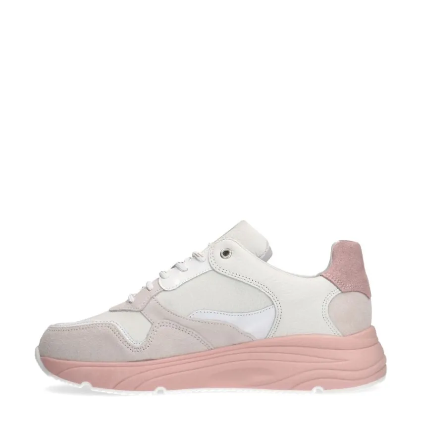 Manfield Witte leren sneakers met roze zool^DAMES Sneakers