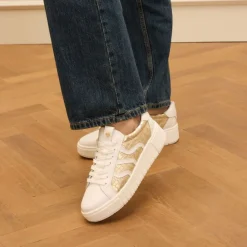 No Stress Witte leren sneakers met gouden croco details^DAMES Sneakers