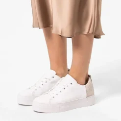 Manfield Witte leren sneakers met grijze achterkant^DAMES Sneakers