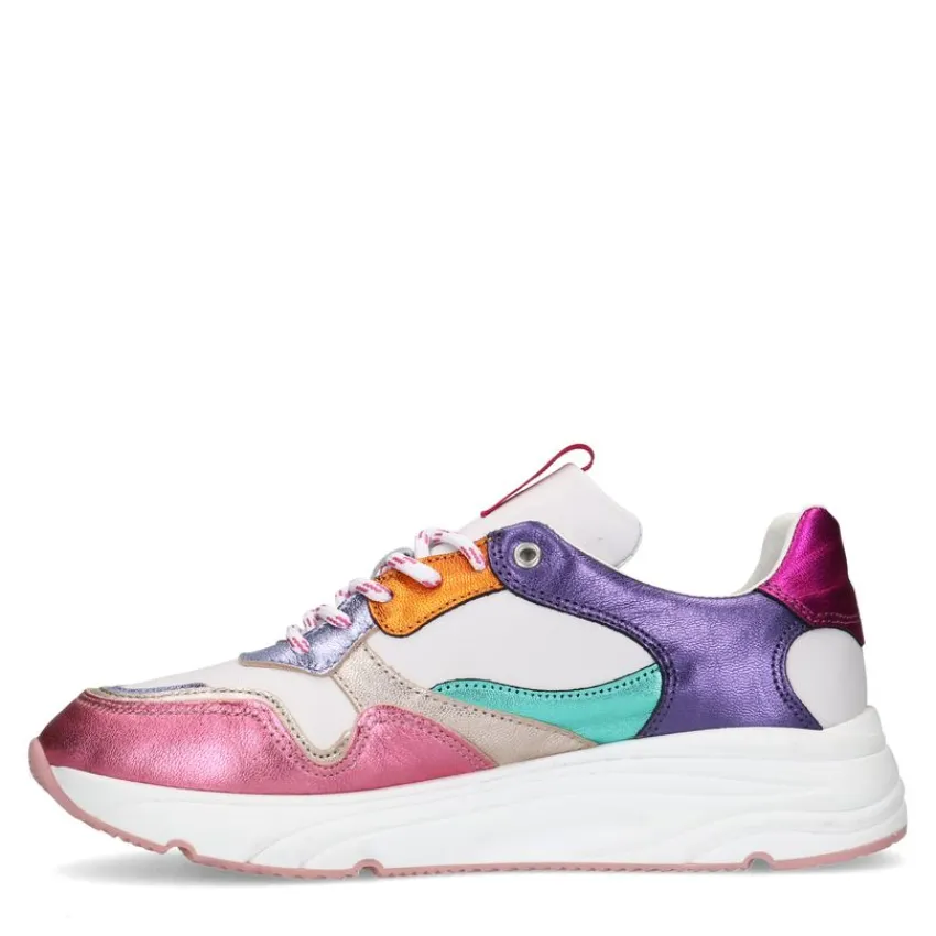 Manfield Witte leren sneakers met metallic details^DAMES Sneakers