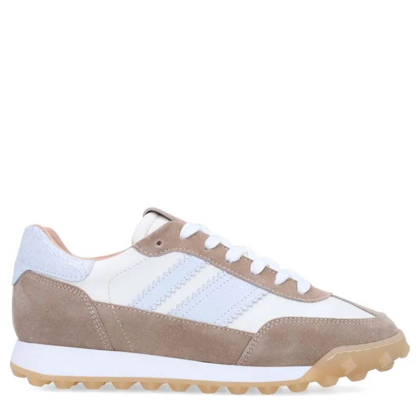 Manfield Witte leren sneakers met beige suède details^DAMES Sneakers