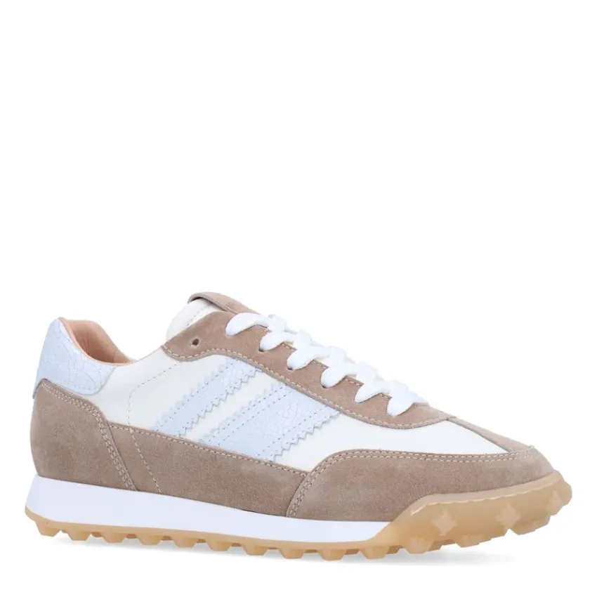 Manfield Witte leren sneakers met beige suède details^DAMES Sneakers