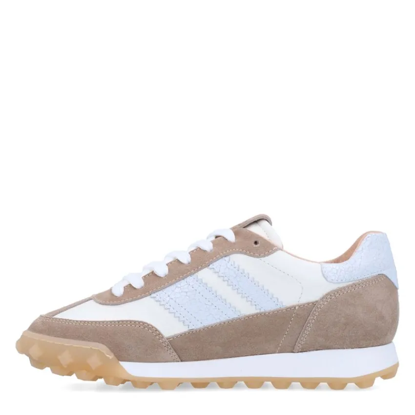 Manfield Witte leren sneakers met beige suède details^DAMES Sneakers