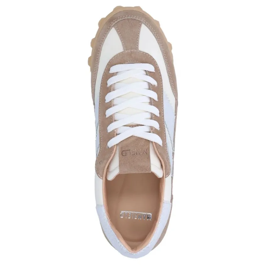 Manfield Witte leren sneakers met beige suède details^DAMES Sneakers