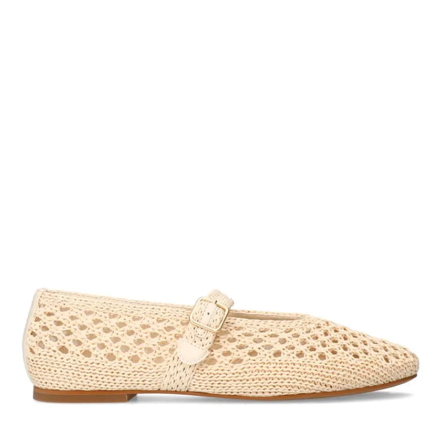 Manfield Witte raffia ballerina met gesp^DAMES Loafers