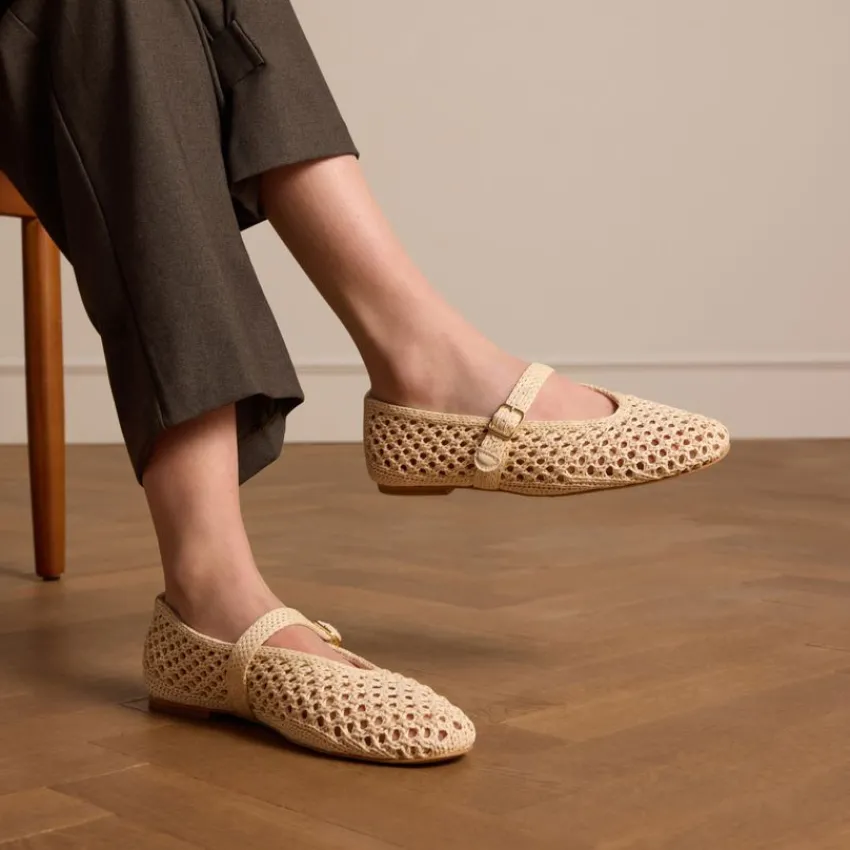 Manfield Witte raffia ballerina met gesp^DAMES Loafers