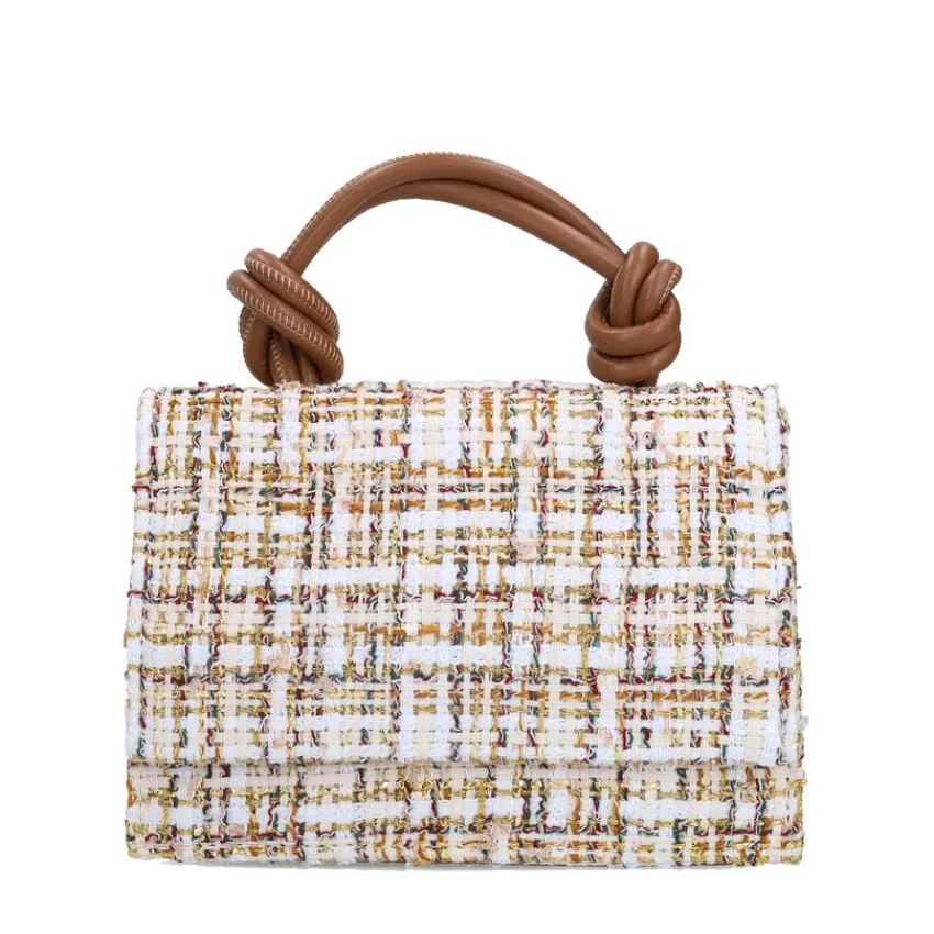 Manfield Witte stoffen handtas met gouden details^ Schoudertassen