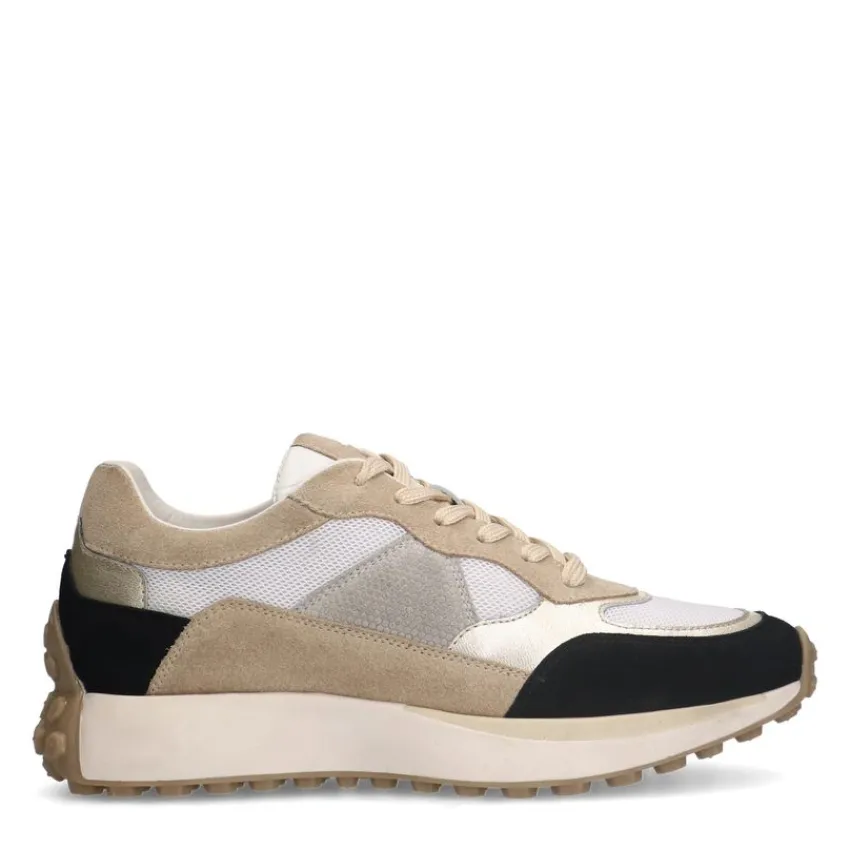 No Stress Witte suède sneakers sneakers met zwart en beige details^DAMES Sneakers