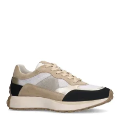 No Stress Witte suède sneakers sneakers met zwart en beige details^DAMES Sneakers