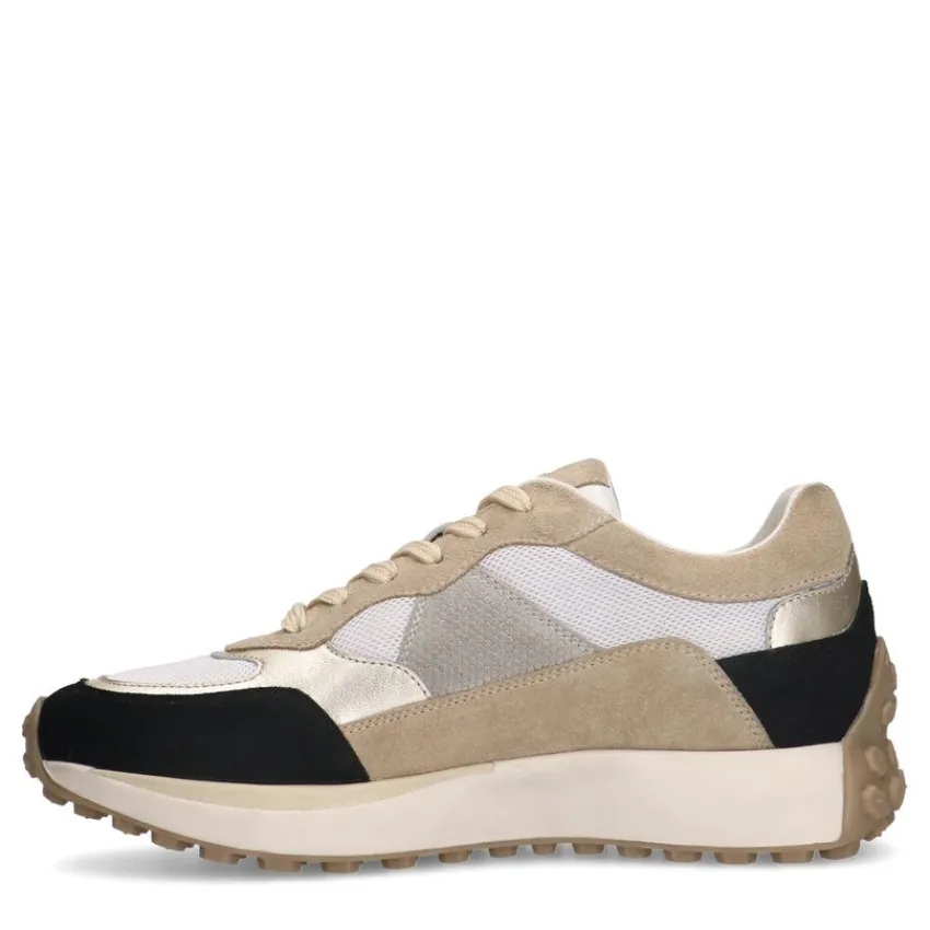No Stress Witte suède sneakers sneakers met zwart en beige details^DAMES Sneakers