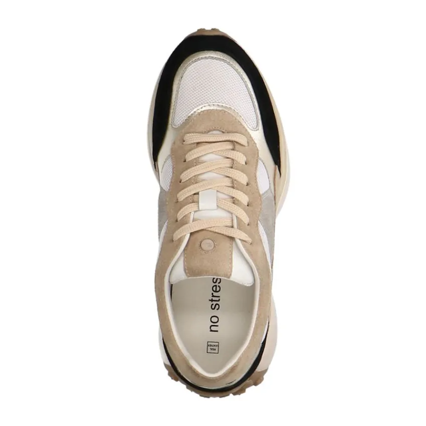 No Stress Witte suède sneakers sneakers met zwart en beige details^DAMES Sneakers