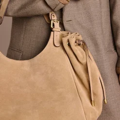 Manfield Zandkleurige suède shopper^ Shoppers