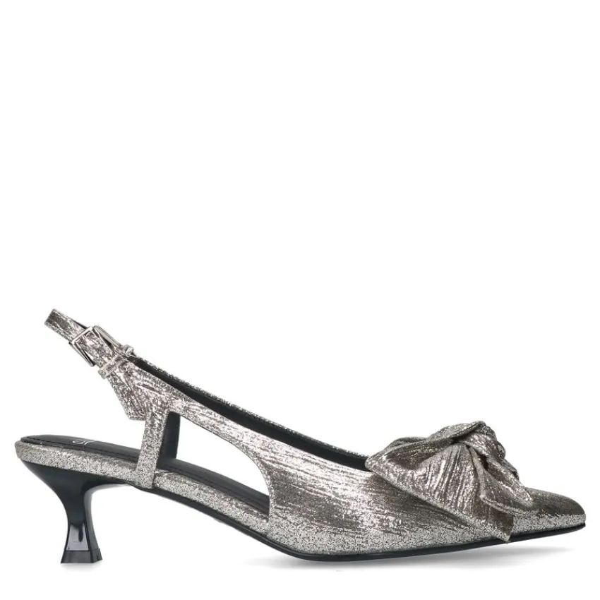Manfield Zilveren glitter slingbacks met strik^DAMES Pumps|Slingbacks