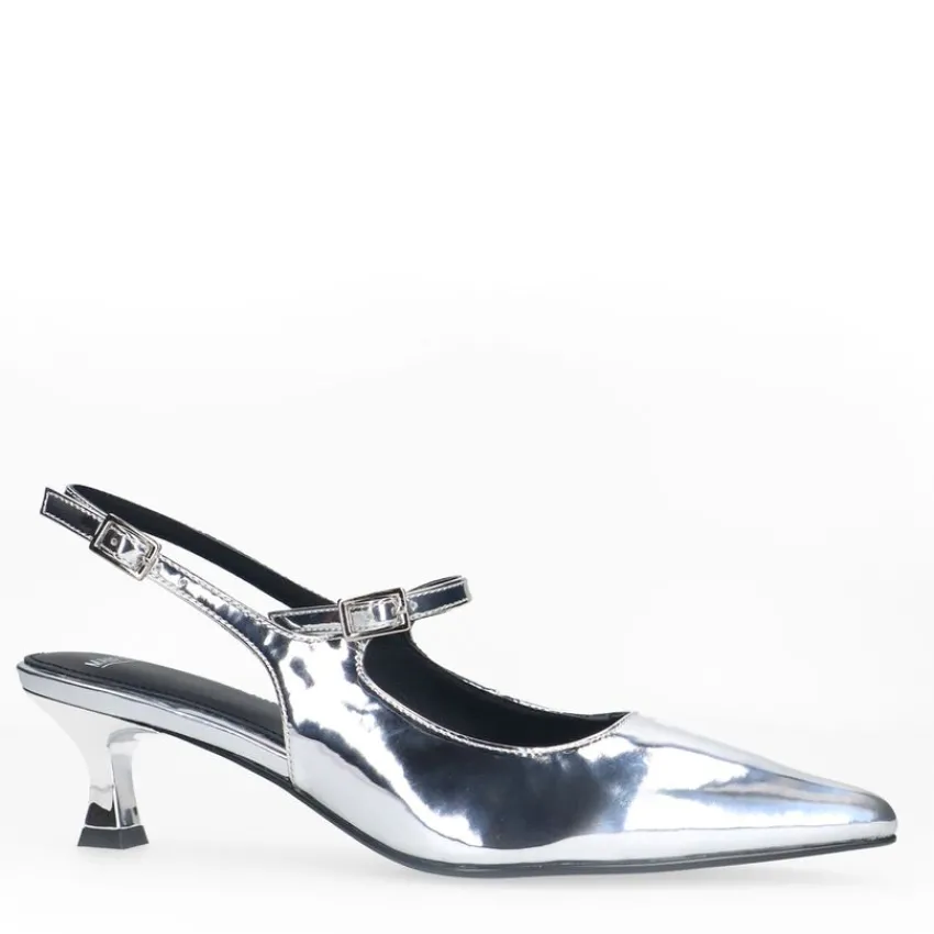 Manfield Zilveren lak slingbacks^DAMES Pumps|Slingbacks
