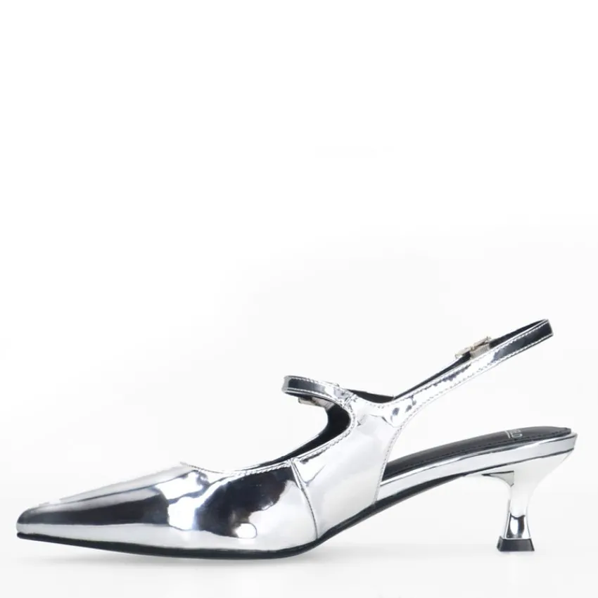 Manfield Zilveren lak slingbacks^DAMES Pumps|Slingbacks