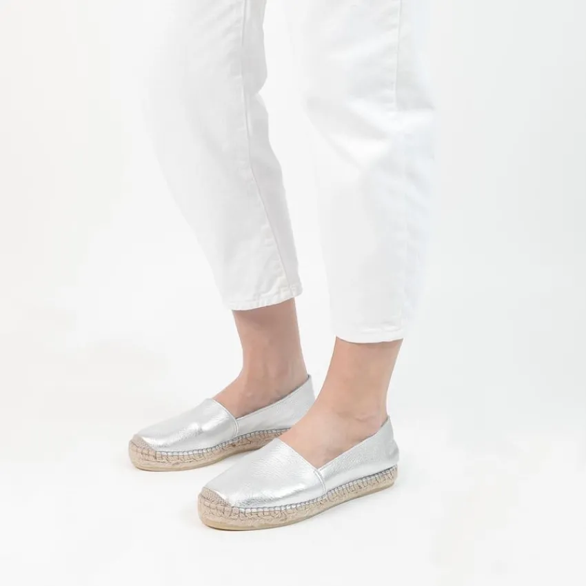 Manfield Zilveren leren espadrilles^DAMES Espadrilles