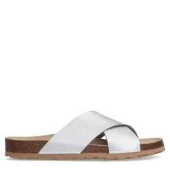 Manfield Zilveren leren slippers^DAMES Slippers