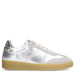 Manfield Zilveren leren sneakers met leopard details^DAMES Sneakers