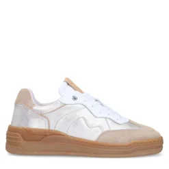 Manfield Zilveren leren sneakers met beige suède details^DAMES Sneakers